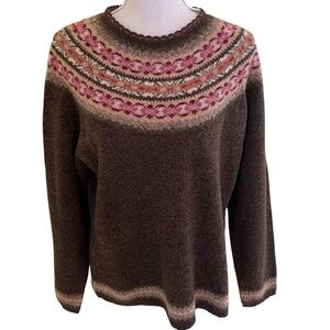 Talbots Brown and Pink Patterned Crew Neck Sweater